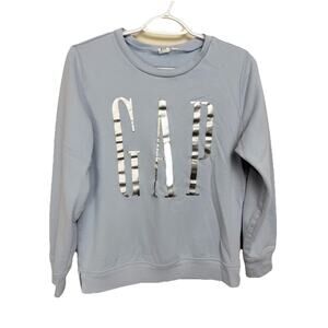 Gap Women's Sweatshirt Sz S Light Blue Silver Logo Side Slits Casual Loungewear